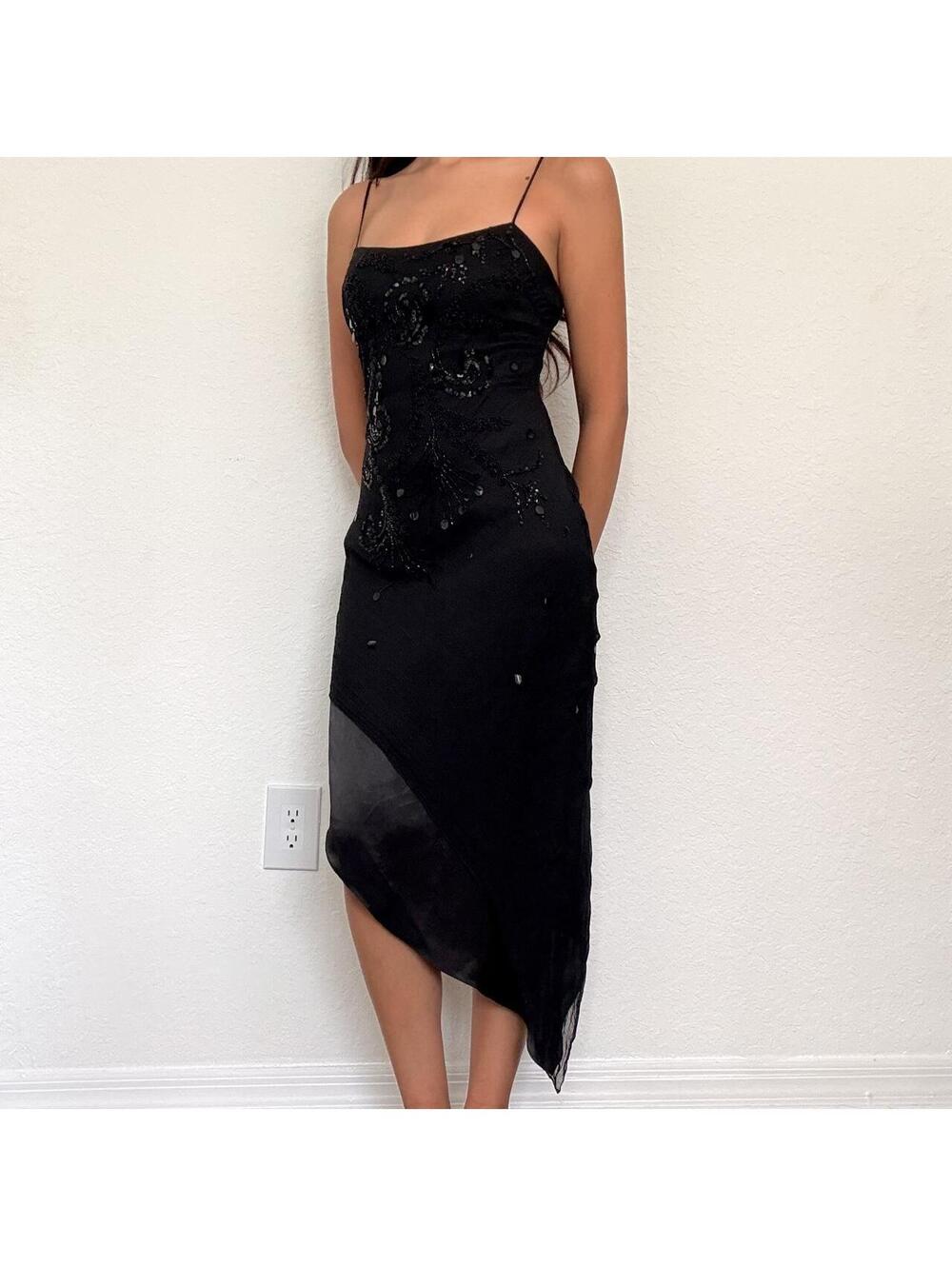 Y2K Rimini black silk beaded handkerchief hem dress